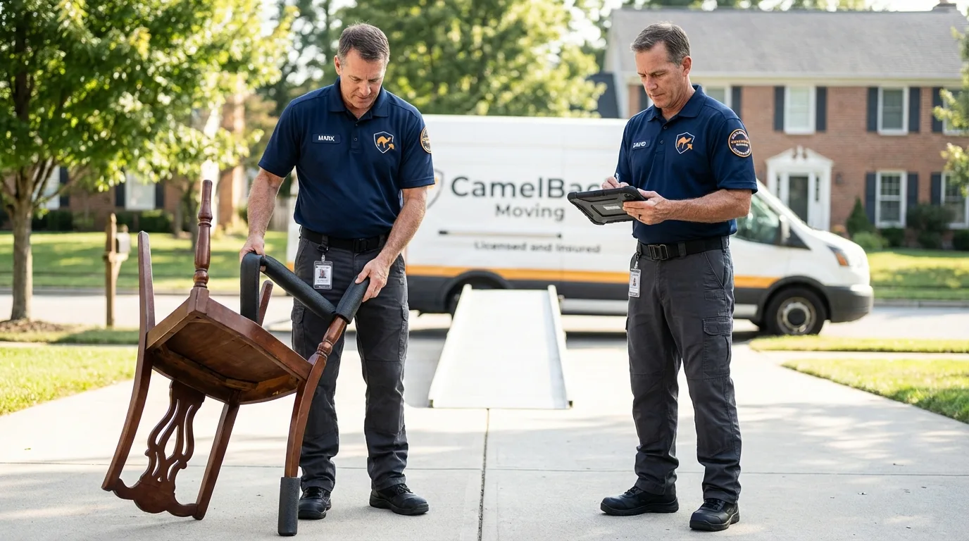Movers inspecting furniture for damage prevention before loading in Tonto Basin, AZ